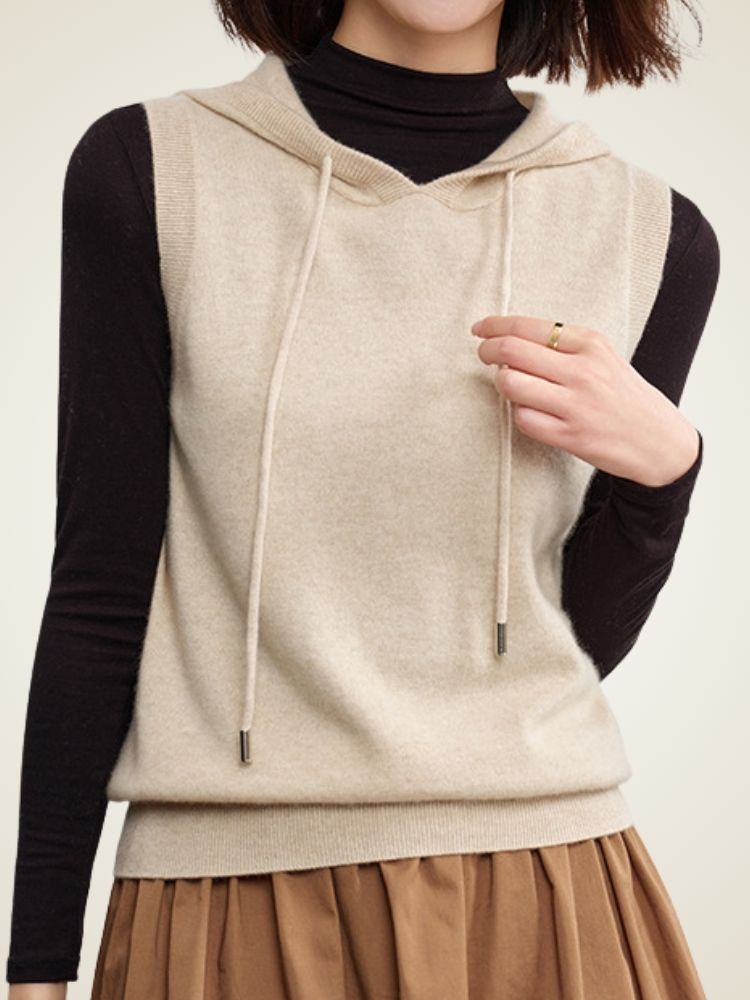 Bellamy - Beige Hooded Cashmere Vest | The Cashmere Studio