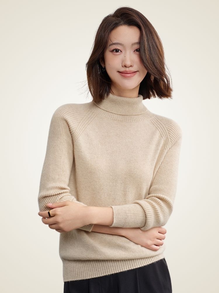 Keeley - Beige Ribbed Cashmere Turtleneck | The Cashmere Studio
