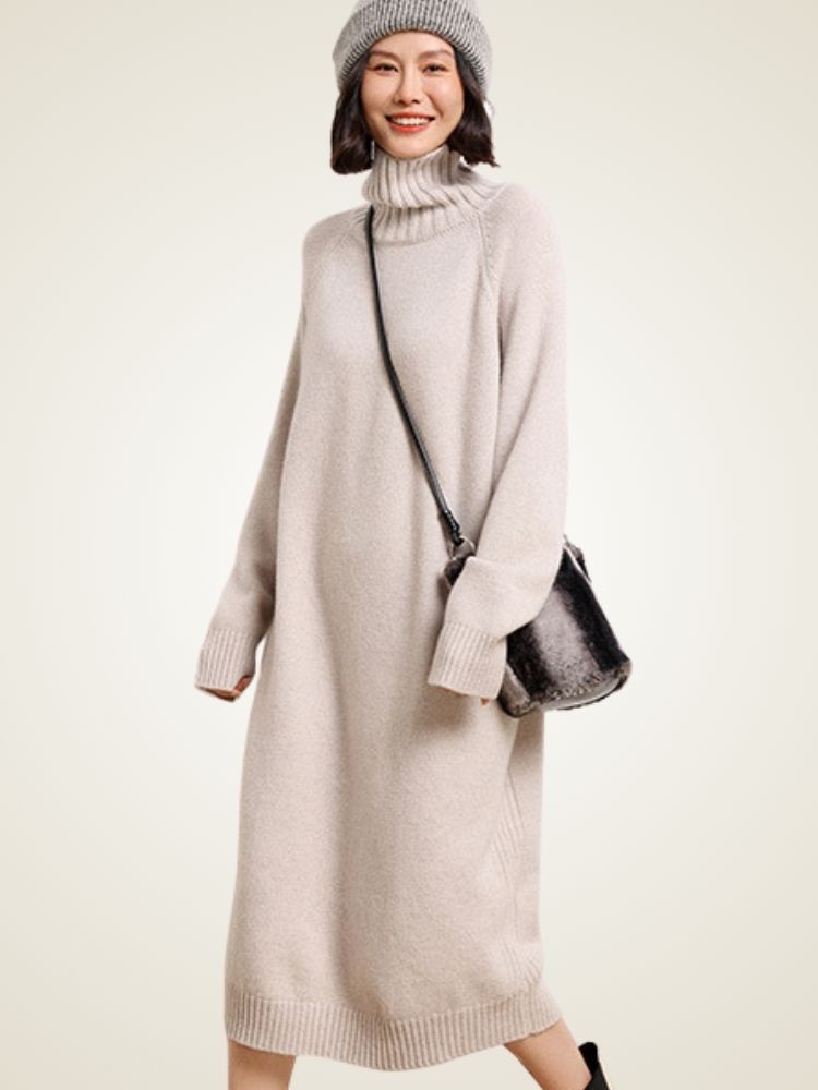 Mirel - Beige Turtleneck Cashmere Dress | The Cashmere Studio
