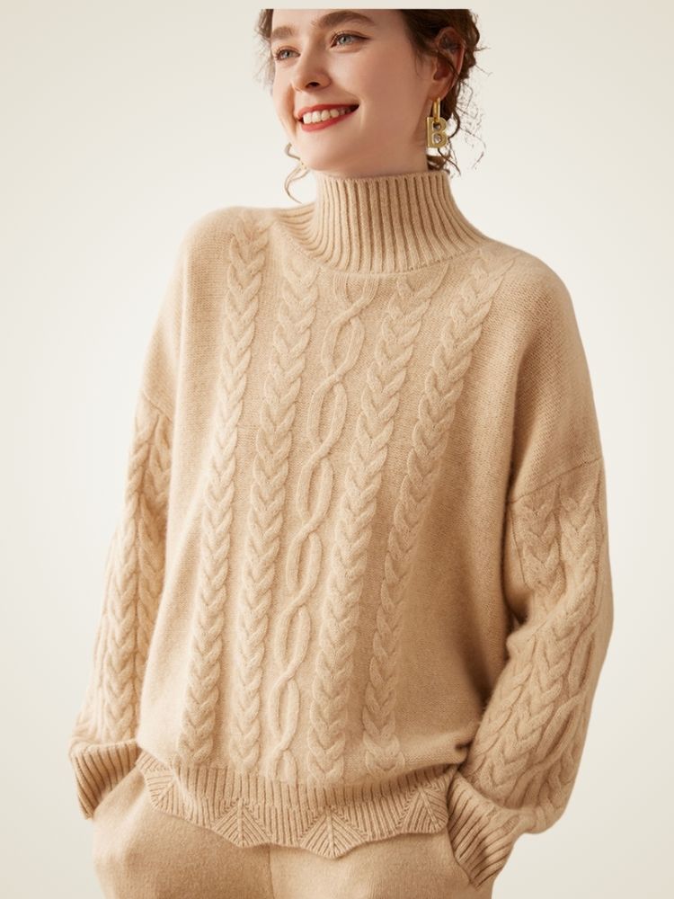 Odessa - Beige Cable-Knit Cashmere Turtleneck | The Cashmere Studio