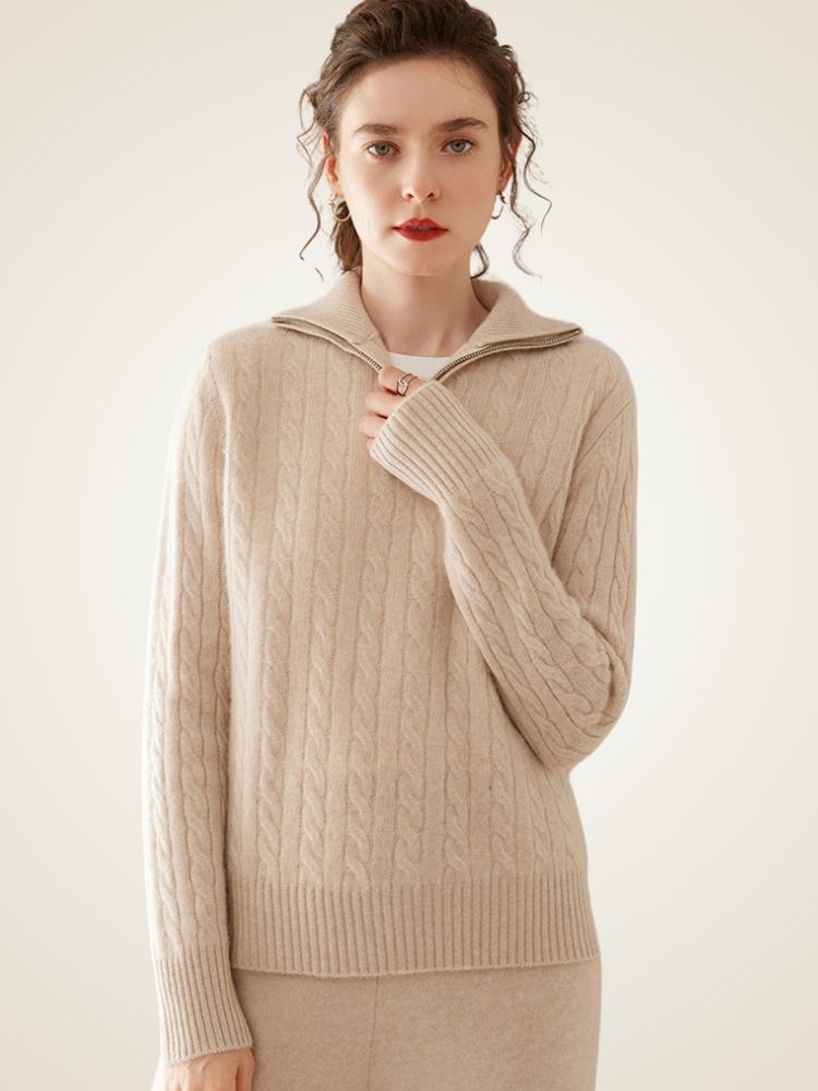 Milana - Beige Half-Zip Cashmere Sweater | The Cashmere Studio
