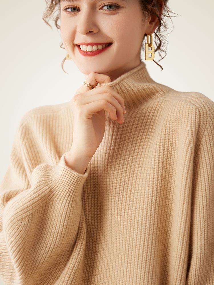 Olympia - Beige Ribbed Cashmere Turtleneck Sweater | The Cashmere Studio
