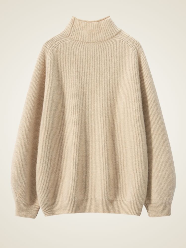 Olympia - Beige Ribbed Cashmere Turtleneck Sweater | The Cashmere Studio