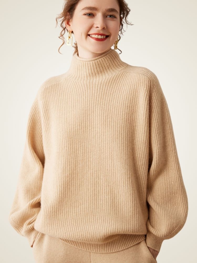 Olympia - Beige Ribbed Cashmere Turtleneck Sweater | The Cashmere Studio