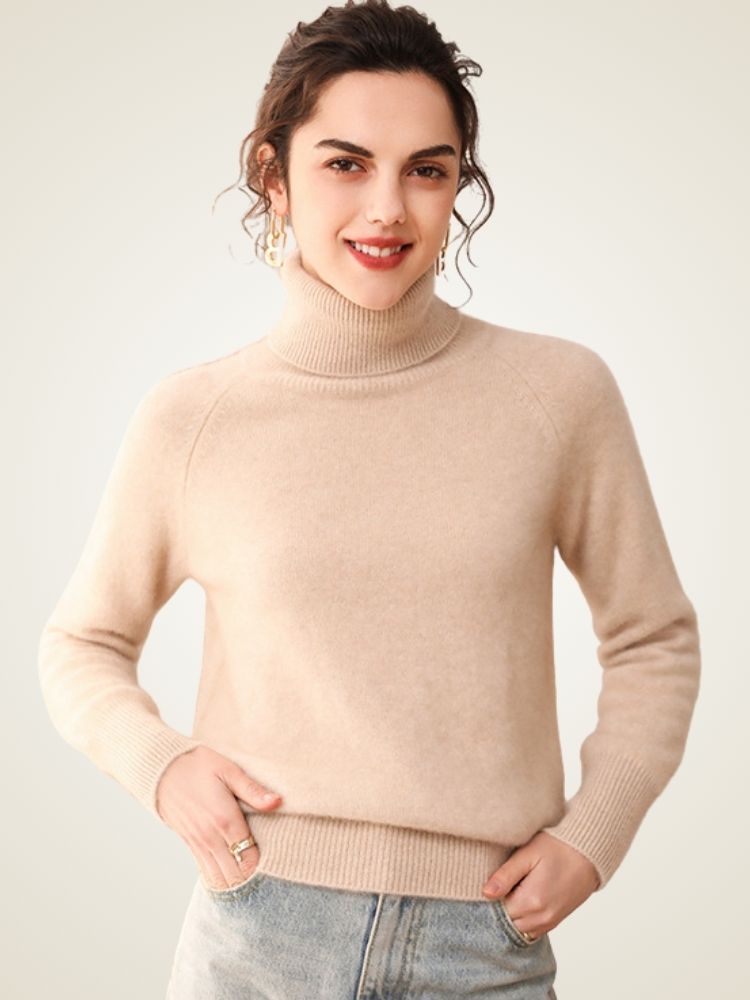 Perla - Beige High Turtleneck Cashmere Sweater | The Cashmere Studio