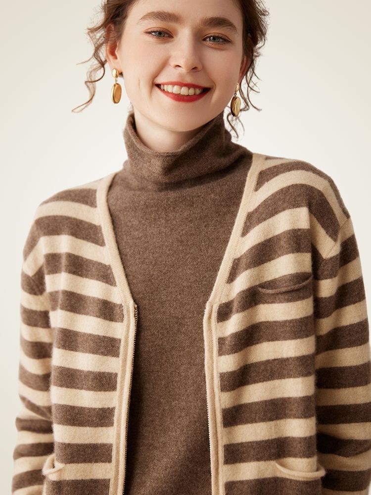 Edelina - Beige Striped Zip-Up Cashmere Cardigan | The Cashmere Studio