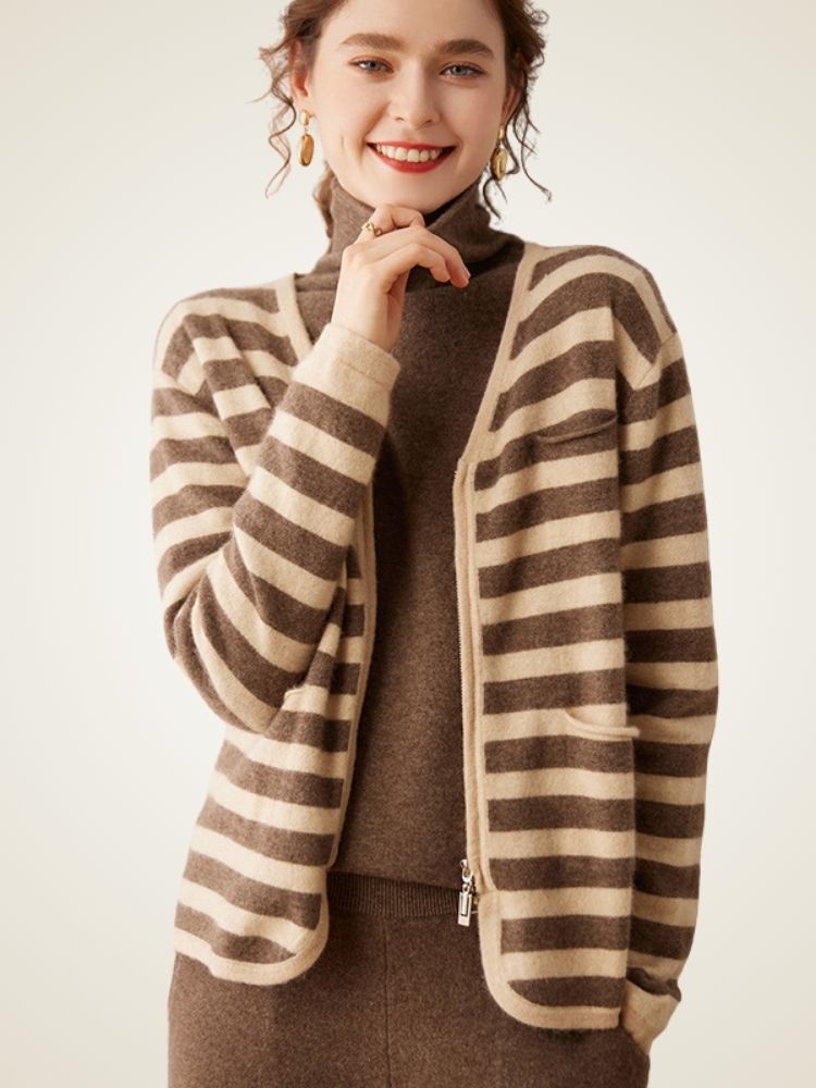 Edelina - Beige Striped Zip-Up Cashmere Cardigan | The Cashmere Studio