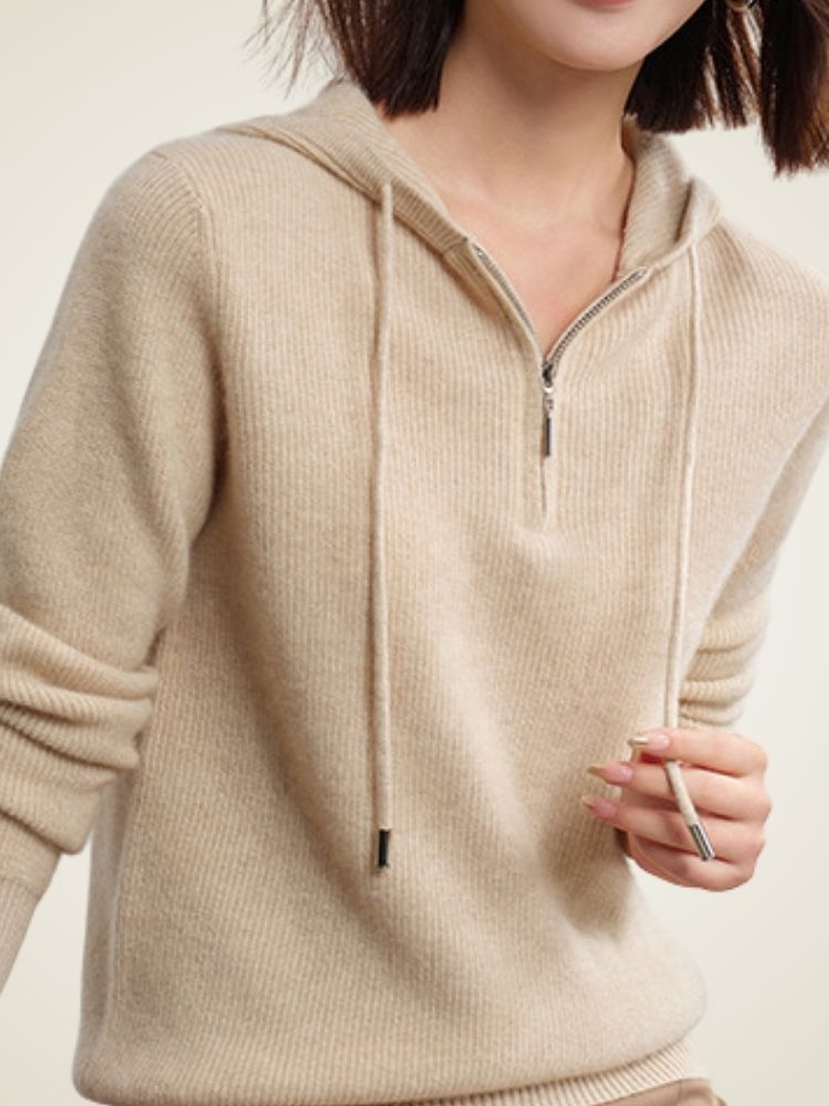 Adelise - Beige Zip-Up Cashmere Hoodie | The Cashmere Studio