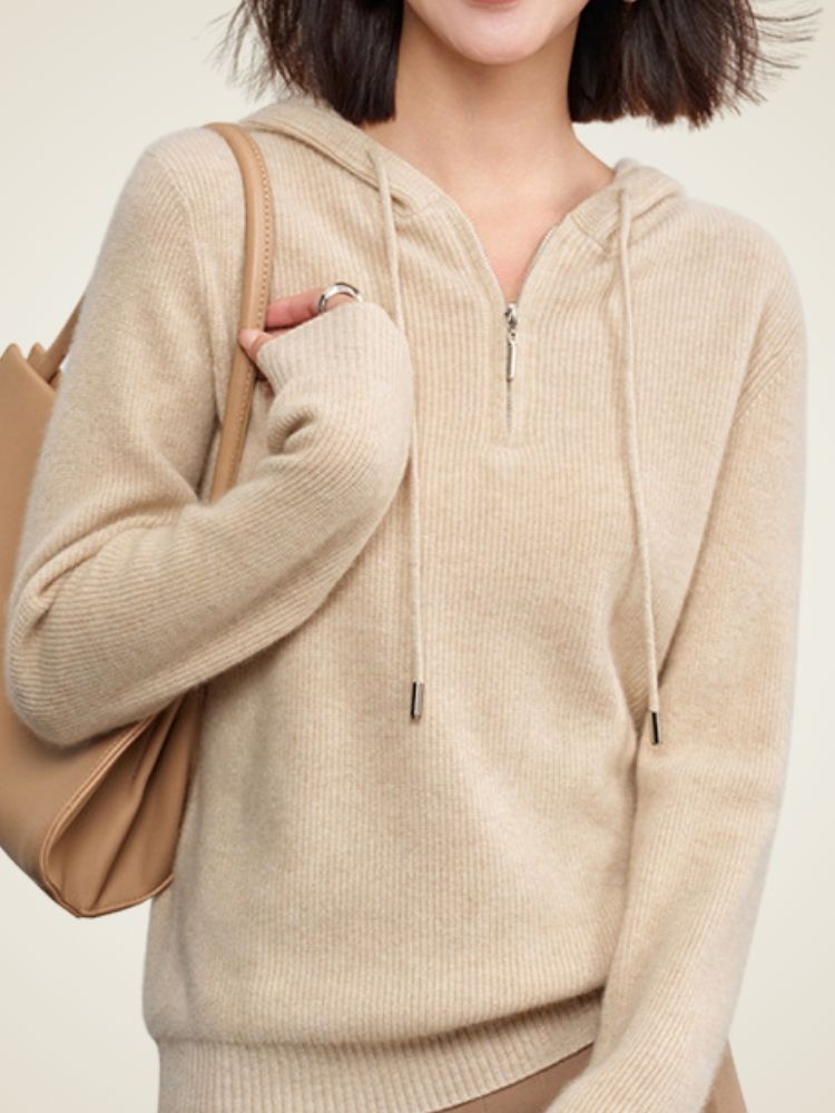 Adelise - Beige Zip-Up Cashmere Hoodie | The Cashmere Studio
