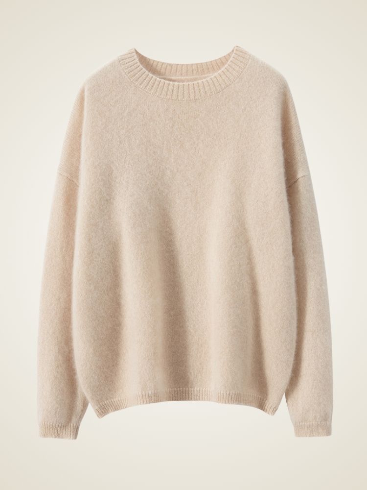 Zeliana - Beige Classic Cashmere Crewneck Sweater | The Cashmere Studio