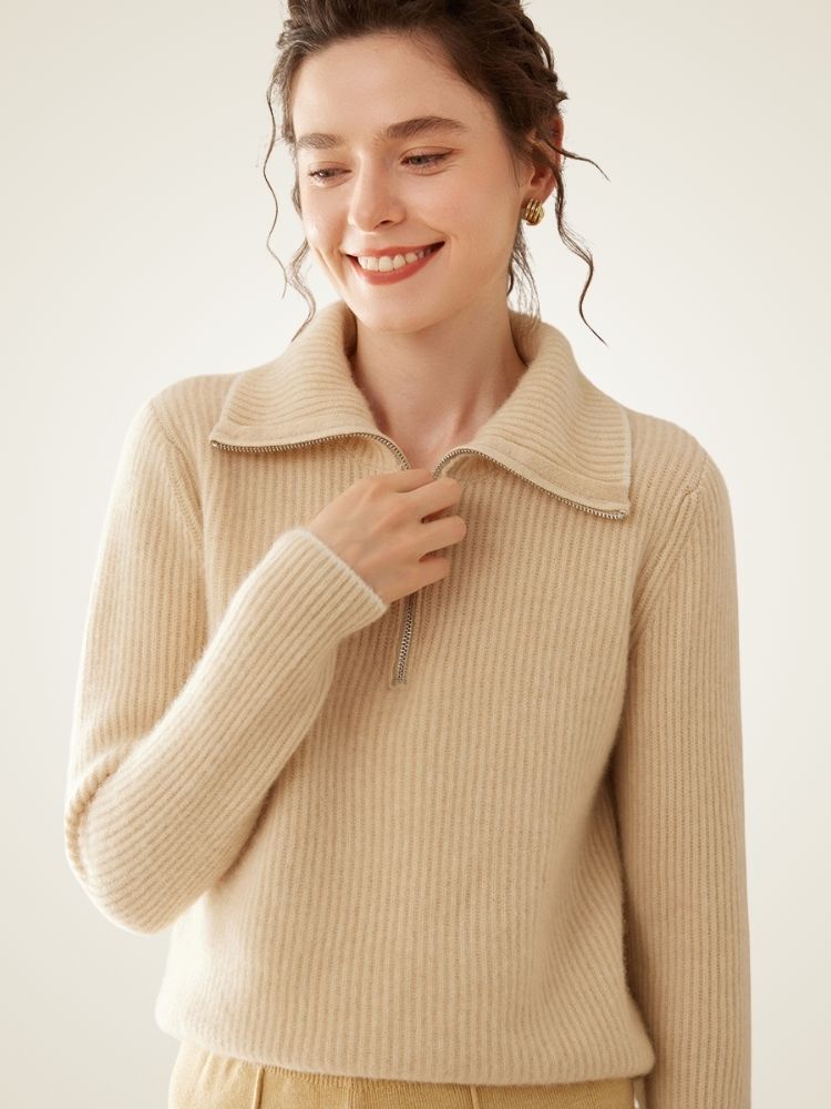 Opal - Beige Half-Zip Cashmere Sweater | The Cashmere Studio