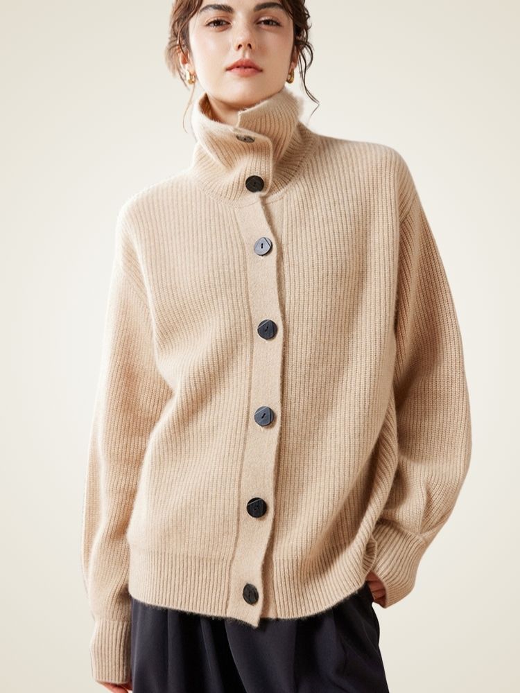 Norella - Beige High-Neck Wide-Ribbed Cashmere Sweater | The Cashmere Studio