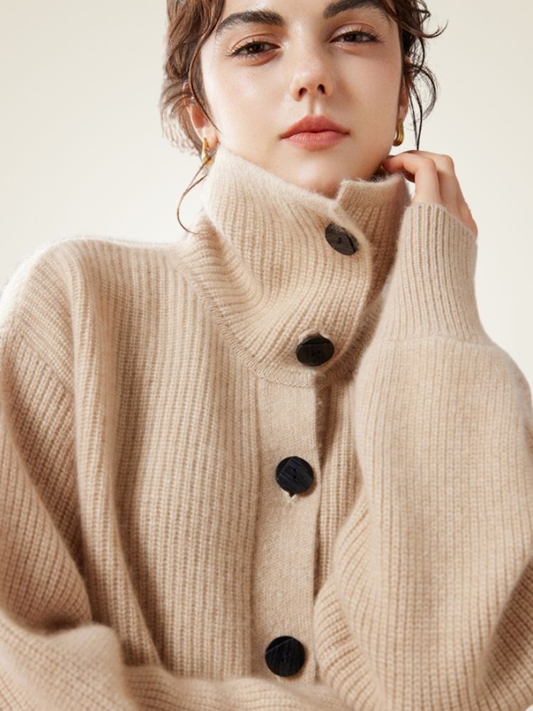 Norella - Beige High-Neck Wide-Ribbed Cashmere Sweater | The Cashmere Studio