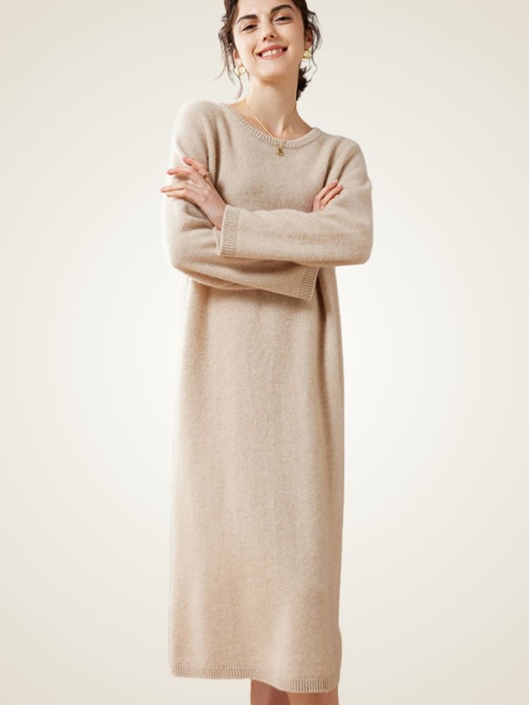 Neoma - Beige Classic Cashmere Dress | The Cashmere Studio
