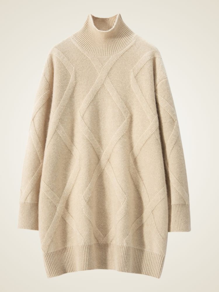 Nerina - Beige Diamond Knit Cashmere Turtleneck | The Cashmere Studio