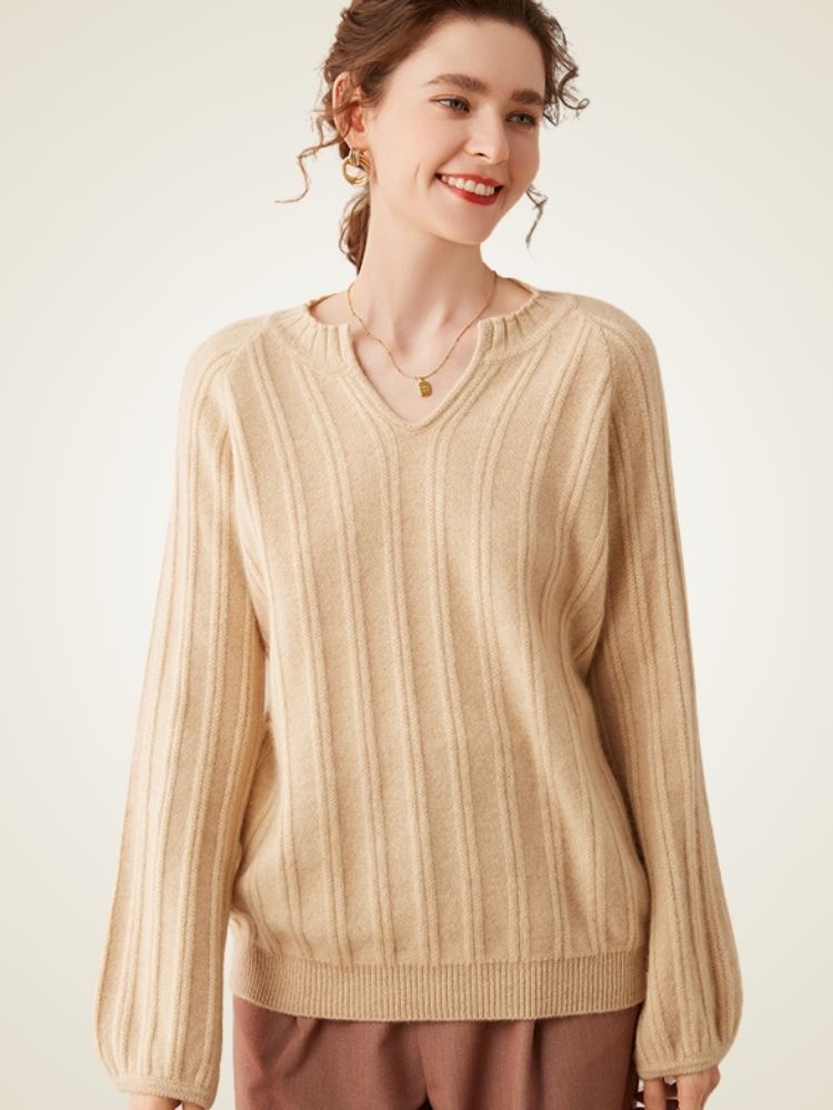 Arelia - Beige Ribbed Cashmere Sweater | The Cashmere Studio