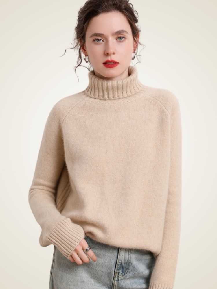 Melina - Beige Ribbed Cashmere Turtleneck | The Cashmere Studio