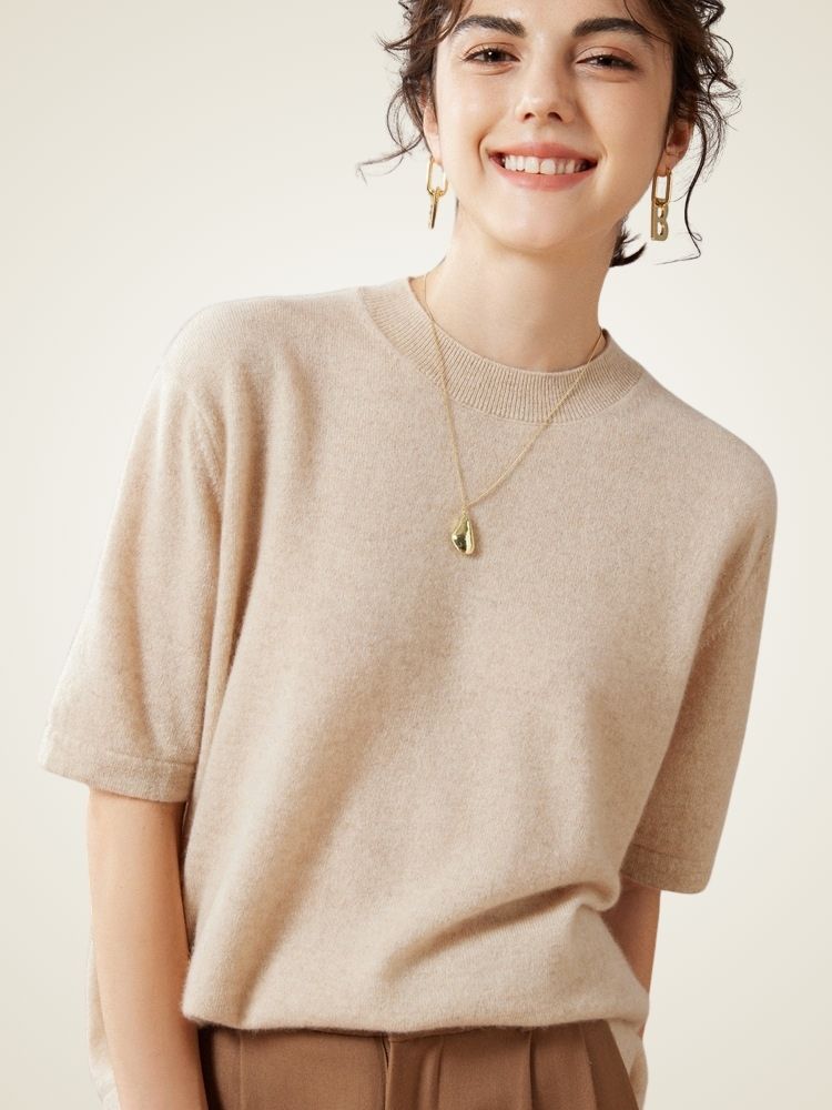 Jisel - Beige Short-Sleeve Cashmere Top | The Cashmere Studio