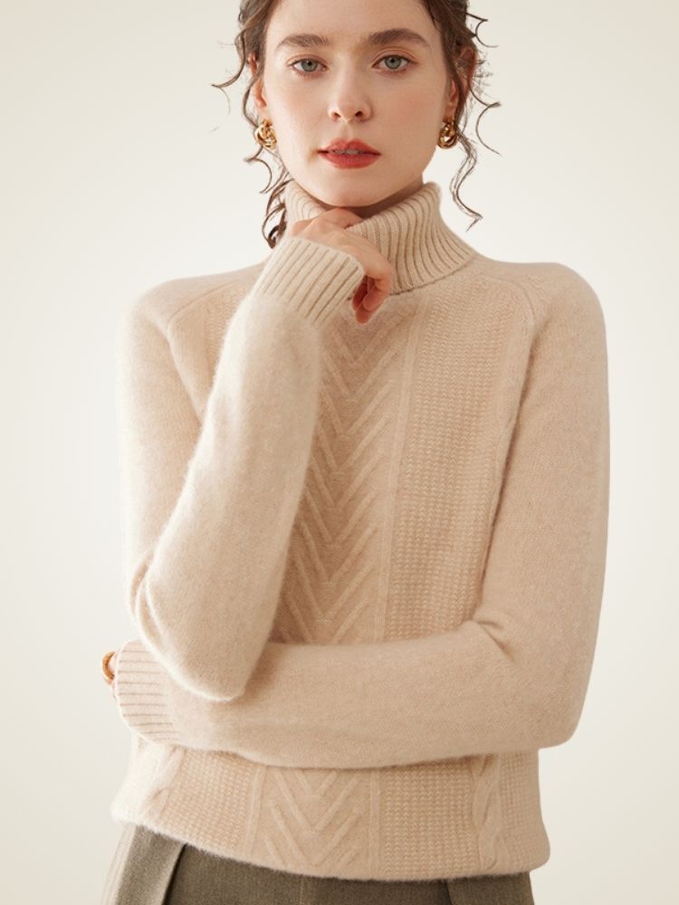 Lucinda - Beige Textured Cashmere Turtleneck | The Cashmere Studio