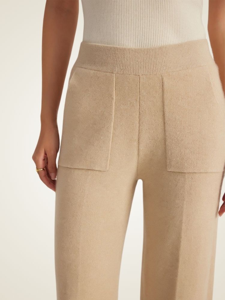 Winry - Beige Wide Leg Cashmere Slits Pants | The Cashmere Studio
