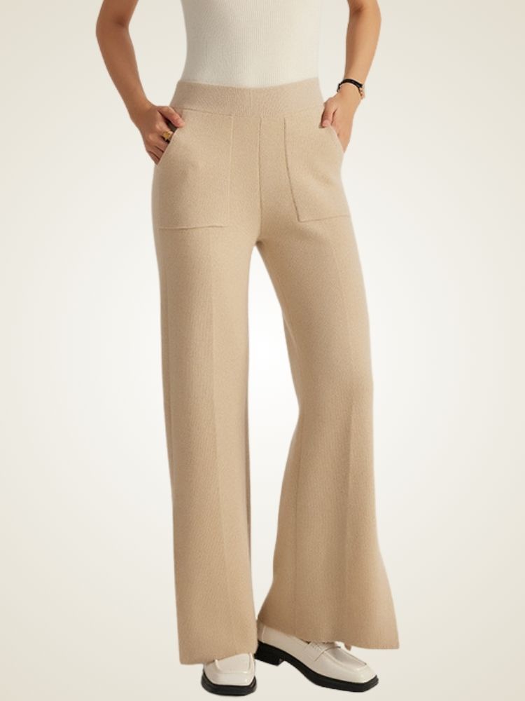 Winry - Beige Wide Leg Cashmere Slits Pants | The Cashmere Studio