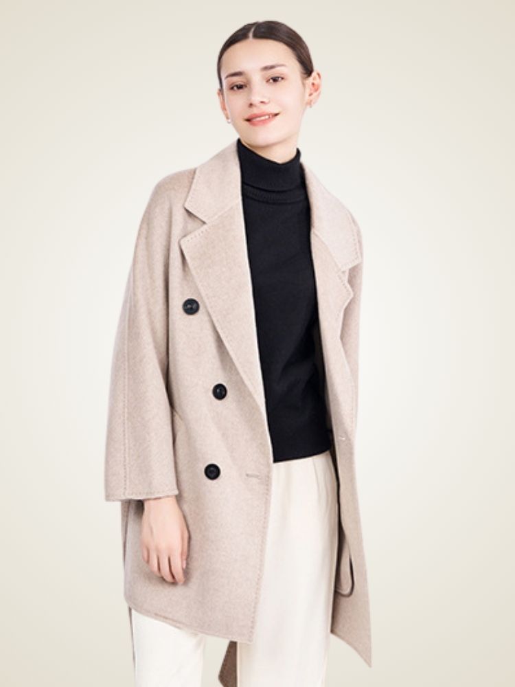 Delara - Beige Double-Breasted Cashmere Coat | The Cashmere Studio