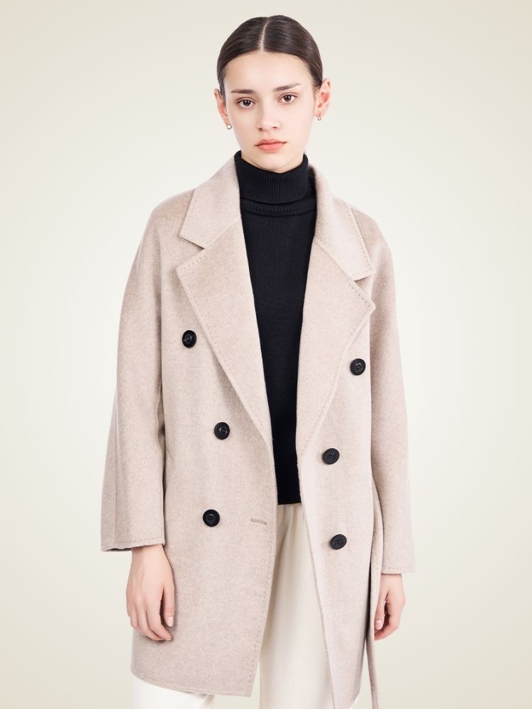 Delara - Beige Double-Breasted Cashmere Coat | The Cashmere Studio