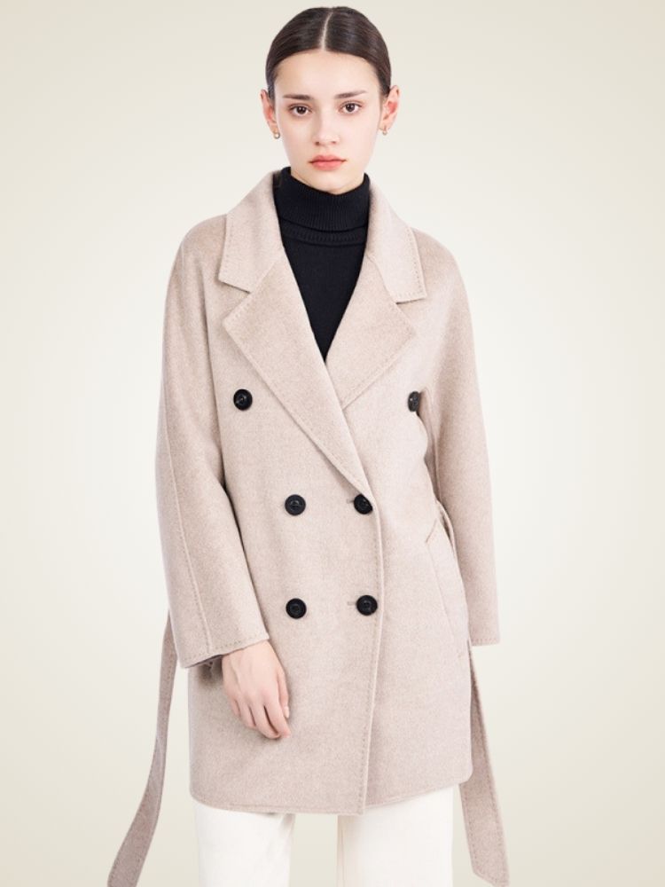 Delara - Beige Double-Breasted Cashmere Coat | The Cashmere Studio