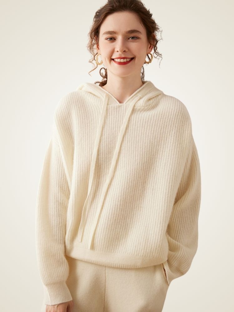 Johanna - Beige Ribbed Cashmere Hoodie | The Cashmere Studio