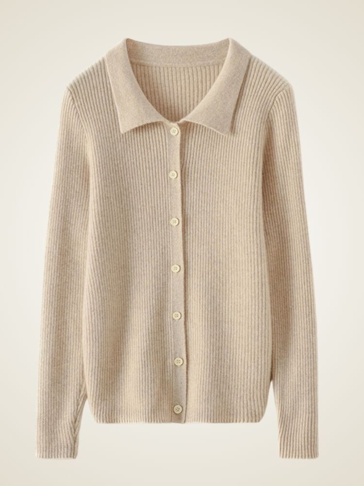 Posie - Beige Ribbed Cashmere Cardigan | The Cashmere Studio