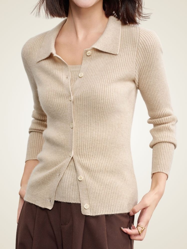 Posie - Beige Ribbed Cashmere Cardigan | The Cashmere Studio