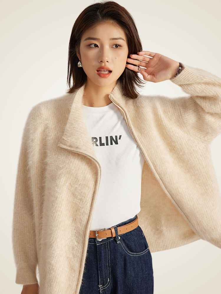 Donna - Beige Orange Zip-Up Cashmere Sweater | The Cashmere Studio