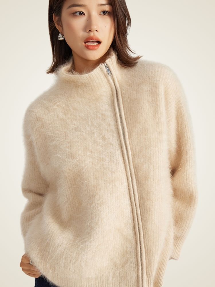 Donna - Beige Orange Zip-Up Cashmere Sweater | The Cashmere Studio