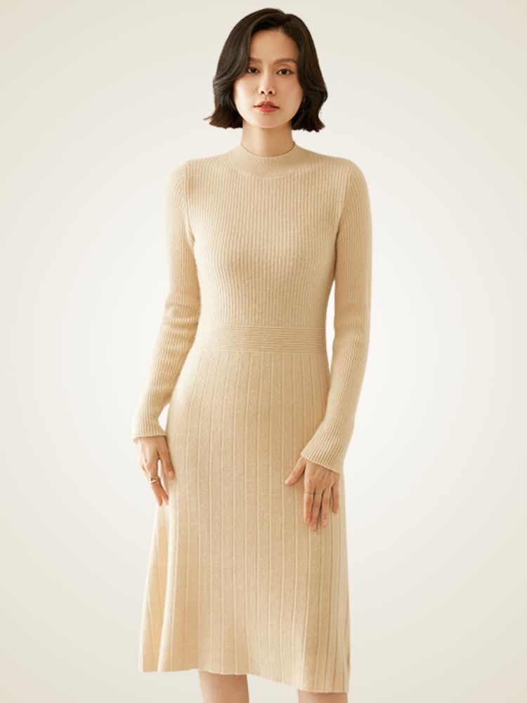 Tallis - Beige Ribbed Cashmere Midi Dress | The Cashmere Studio