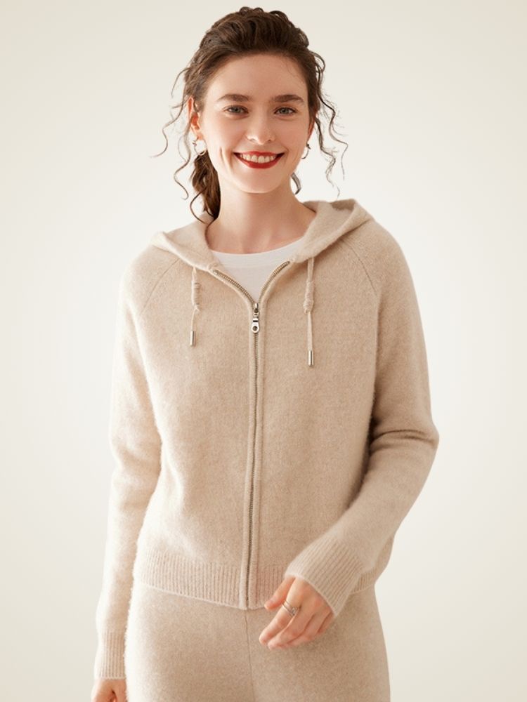 Hesper - Beige Soft Cashmere Zip-Up Hoodie | The Cashmere Studio