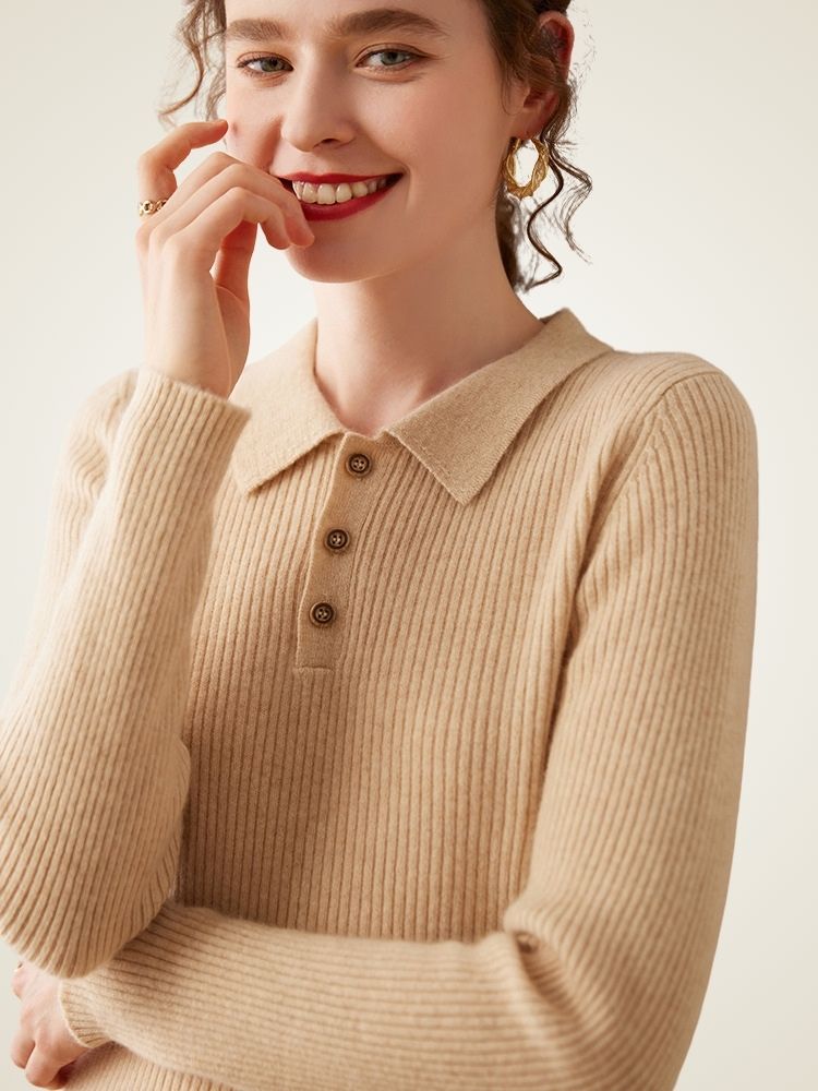 Naeria - Beige Cashmere Polo Sweater | The Cashmere Studio