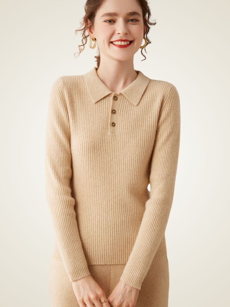 Naeria - Beige Cashmere Polo Sweater | The Cashmere Studio