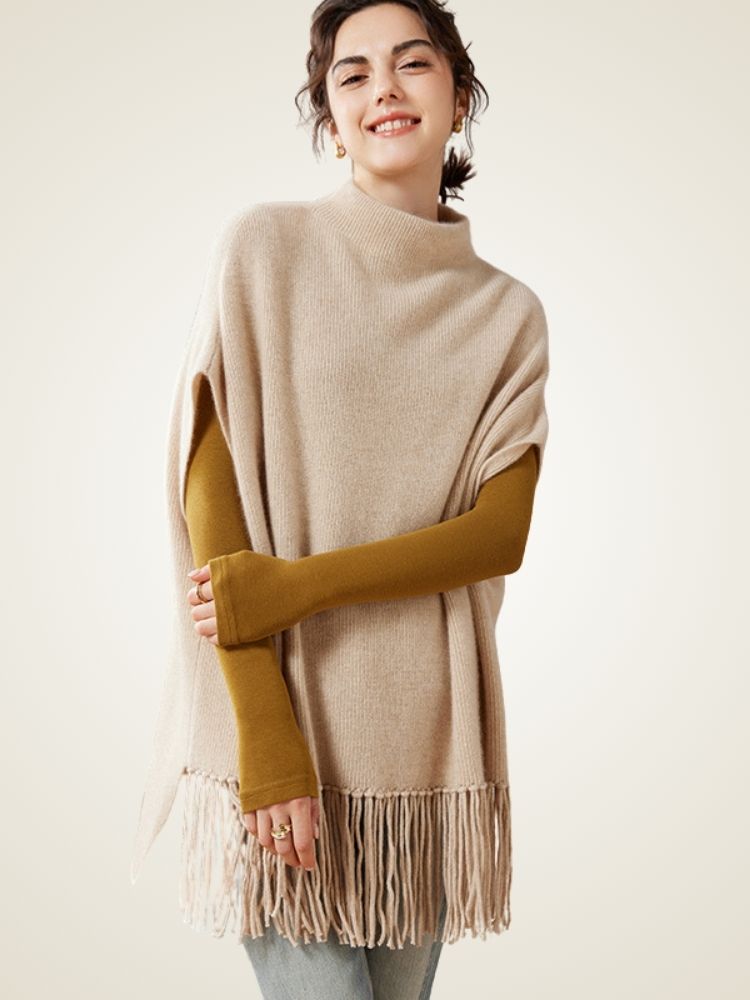 Lianne - Beige Cashmere Poncho with Fringe | The Cashmere Studio