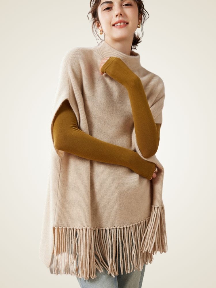 Lianne - Beige Cashmere Poncho with Fringe | The Cashmere Studio