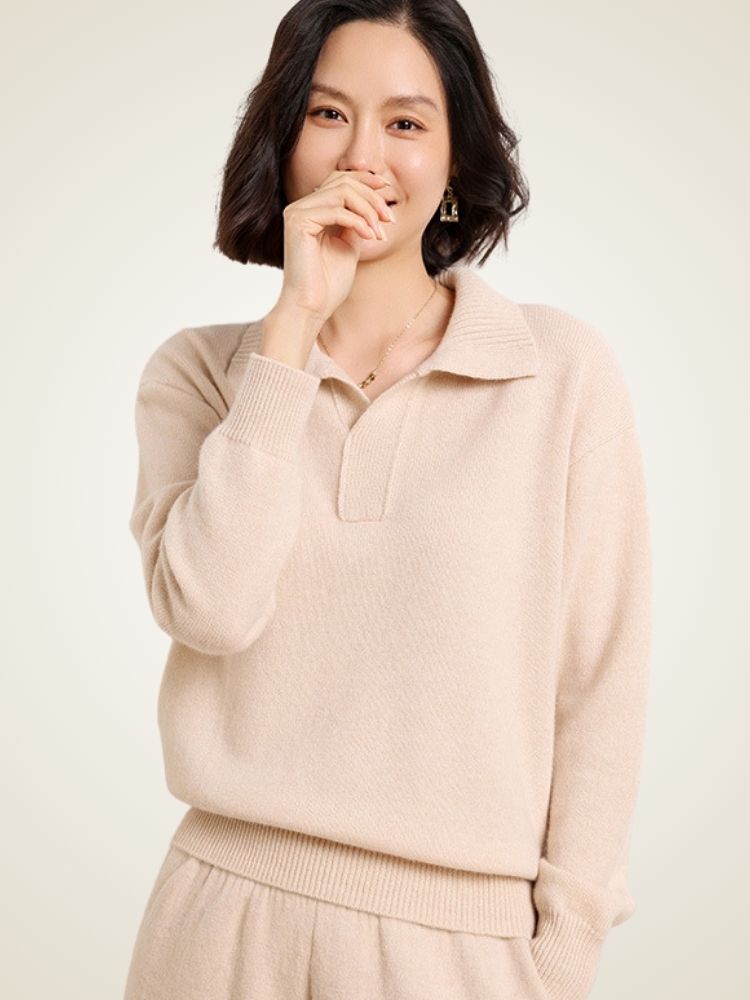 Indessa - Beige Collared Cashmere Pullover | The Cashmere Studio
