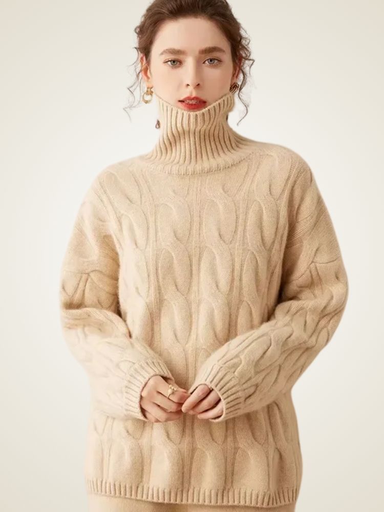 Jordana - Beige Textured Cashmere Turtleneck | The Cashmere Studio