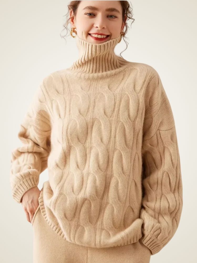 Jordana - Beige Textured Cashmere Turtleneck | The Cashmere Studio