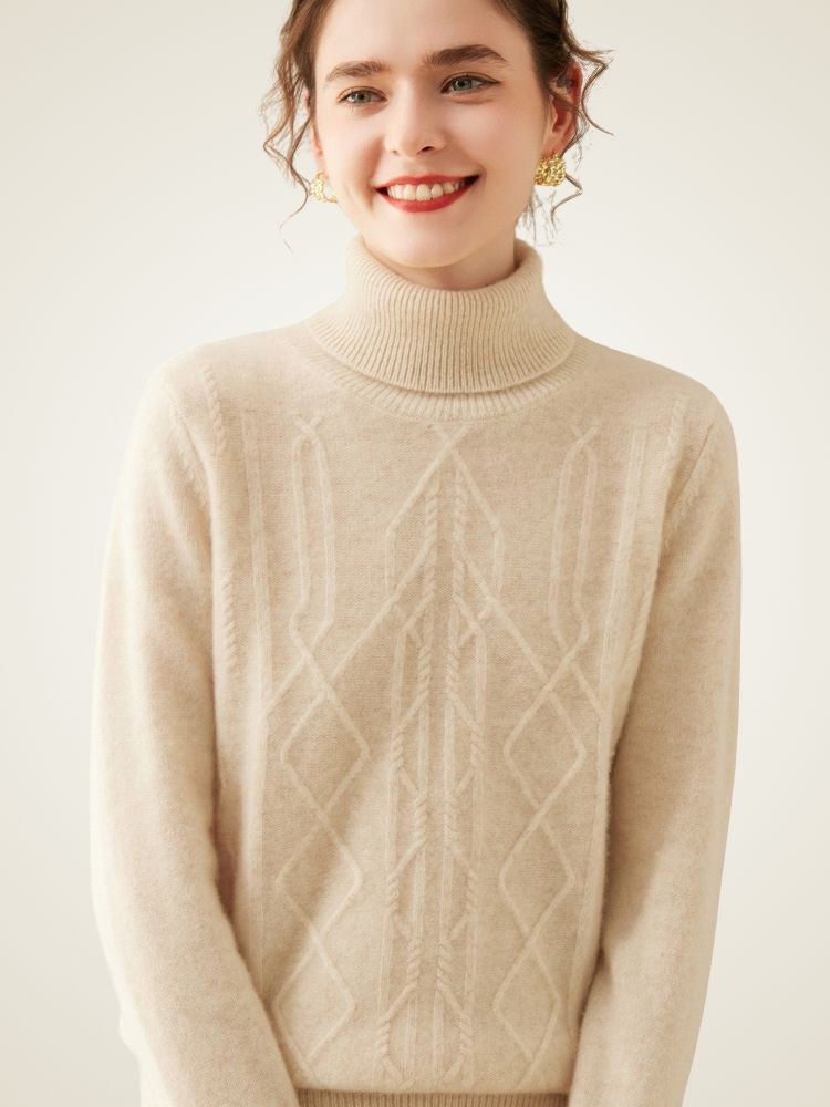 Oriana - Beige Cable-Knit Cashmere Turtleneck | The Cashmere Studio