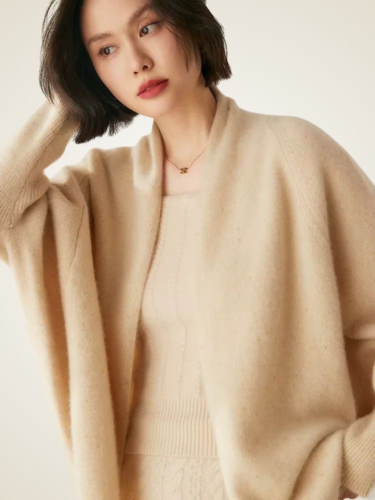 Zoey - Beige Open Front Cashmere Cardigan | The Cashmere Studio
