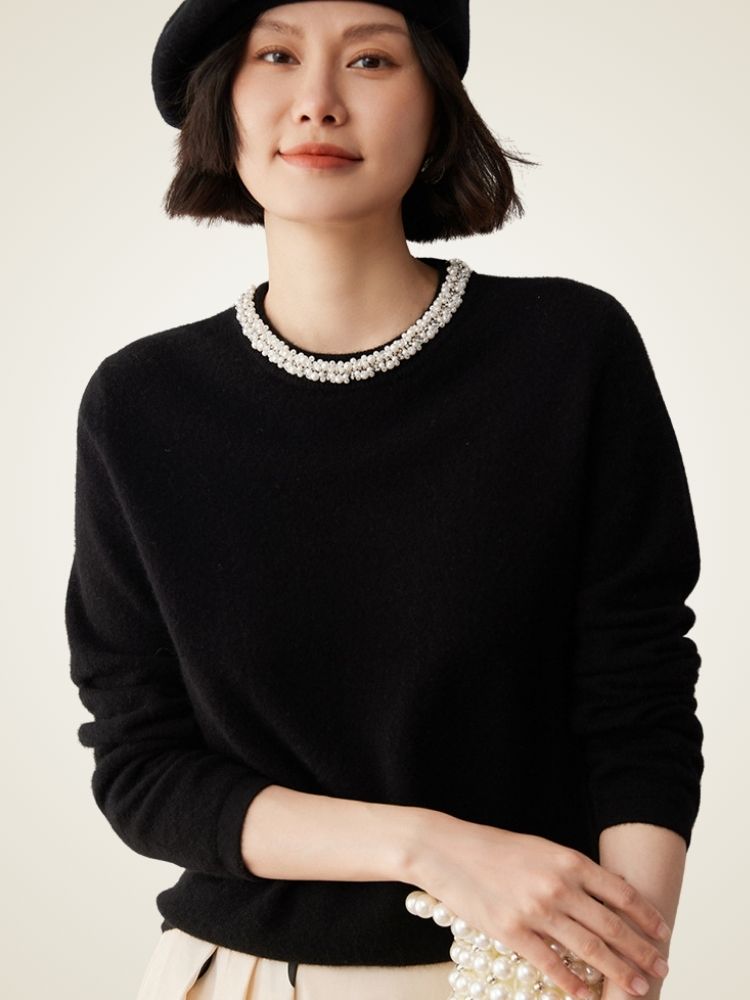 Kassindra - Black Pearl Collar Cashmere Sweater | The Cashmere Studio