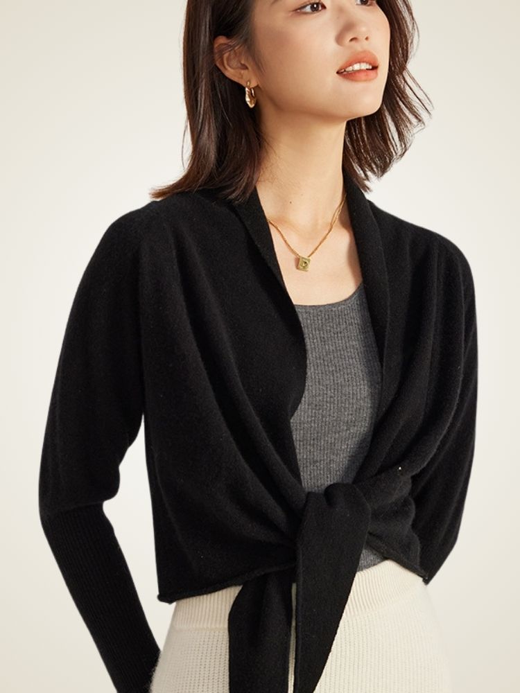 Abilene - Black Tie-Waist Cashmere Wrap Cardigan | The Cashmere Studio