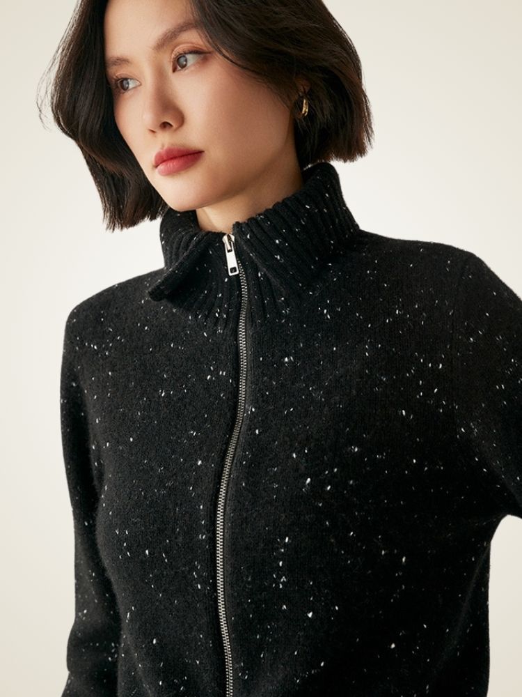 Levana - Black Heather Polo Collar Cashmere Cardigan | The Cashmere Studio