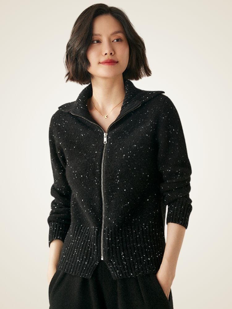 Levana - Black Heather Polo Collar Cashmere Cardigan | The Cashmere Studio