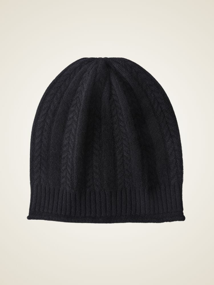 Aylana - Black Cable-Knit Cashmere Beanie | The Cashmere Studio