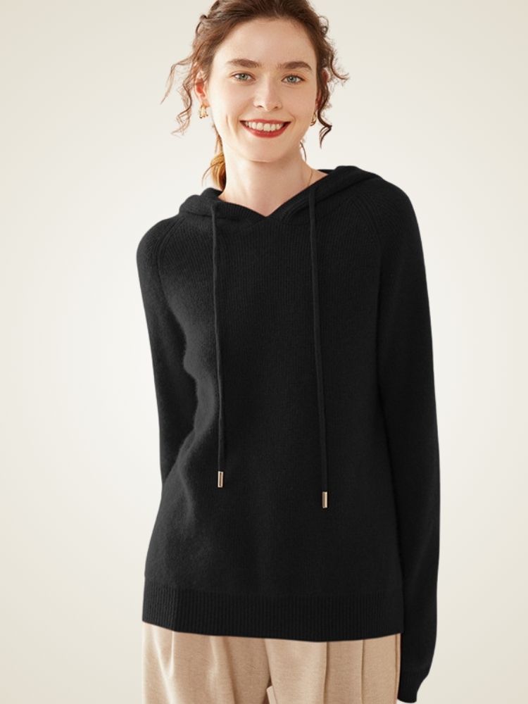 Colleen - Black Ribbed Cashmere Hoodie | The Cashmere Studio